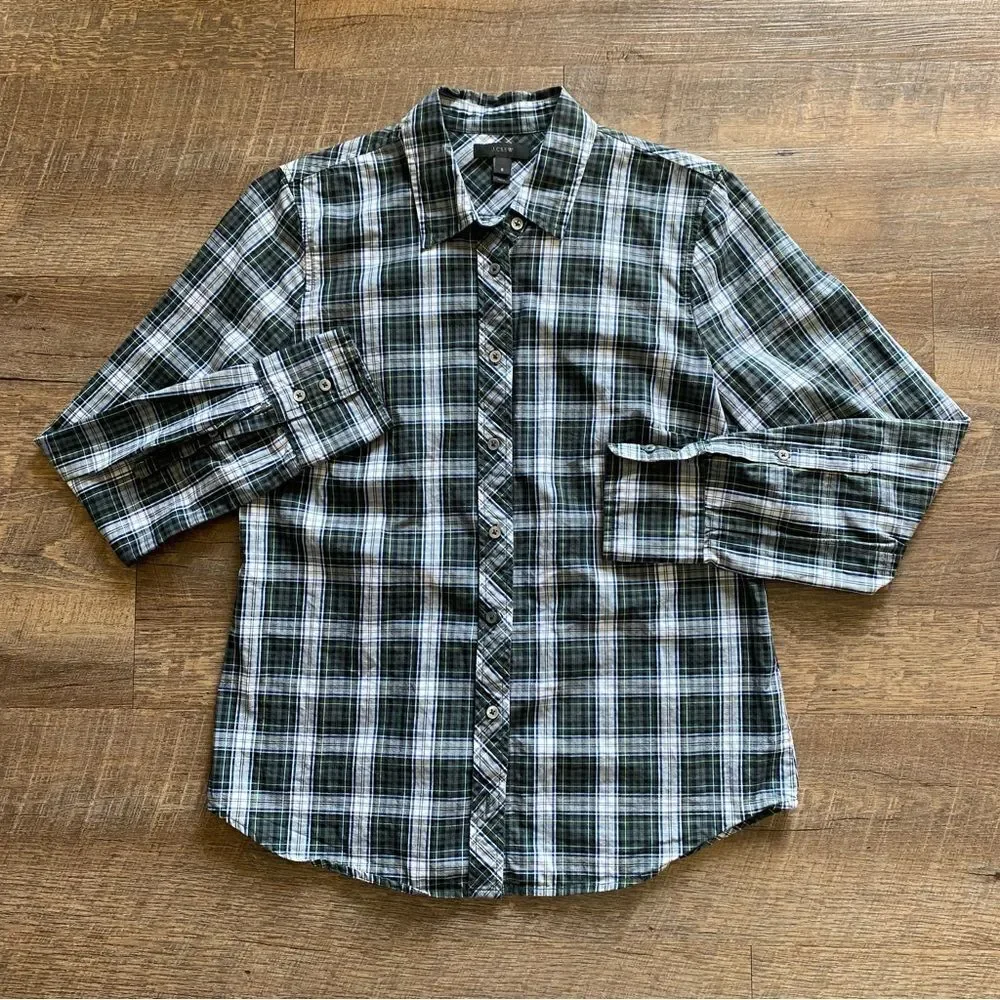 J. Crew Button Down Plaid Shirt Green Blue Black White 6